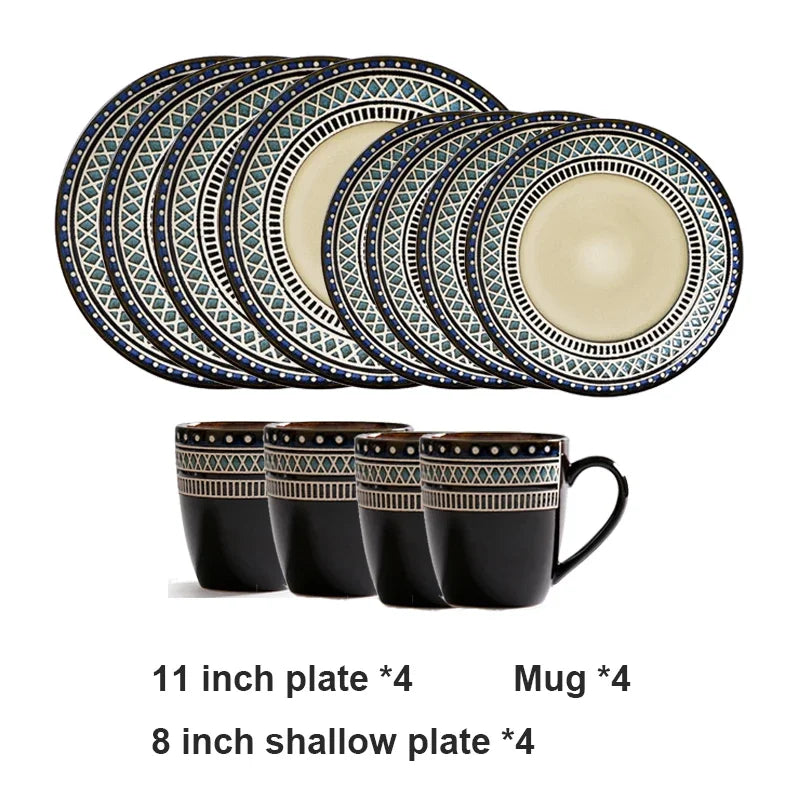 Moroccan Ceramic Tableware Set Bohemian plate set dinnerware Porcelain Round Bowl Oval Plate and mug
