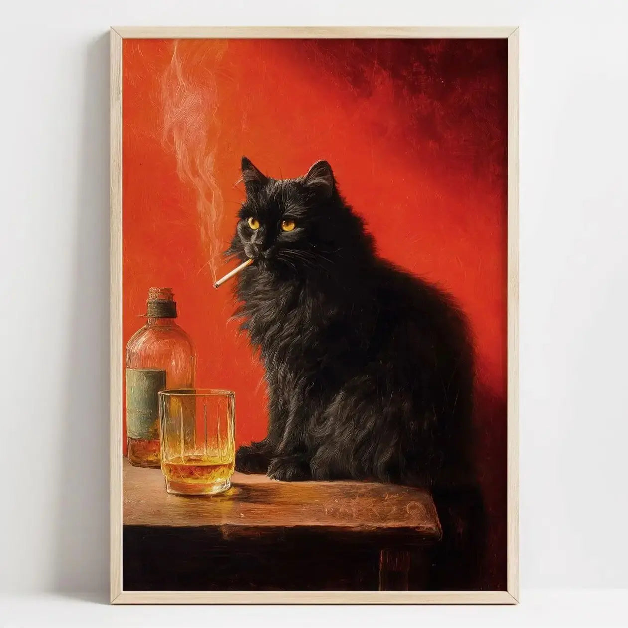 Black Cat Smoking a Cigarette Poster, Vintage Print, Whimsical Wall Art, Funny Animal Art, Poster for Bar Cart, Quirky Kitchen W