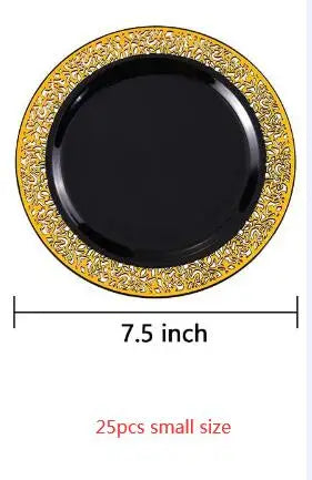 Black Plastic Plates with Gold Rim-Lace Design Party Plates Disposable Dinner Plates,Salad/Dessert Plates for Weddings &Parties