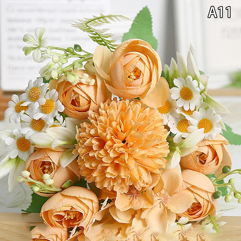 Artificial 1PC Flowers Wedding Home Bedroom Decoration Bridal Bouquet Garden Fake Silk Roses Hydrangeas Vase For Board Outdoors