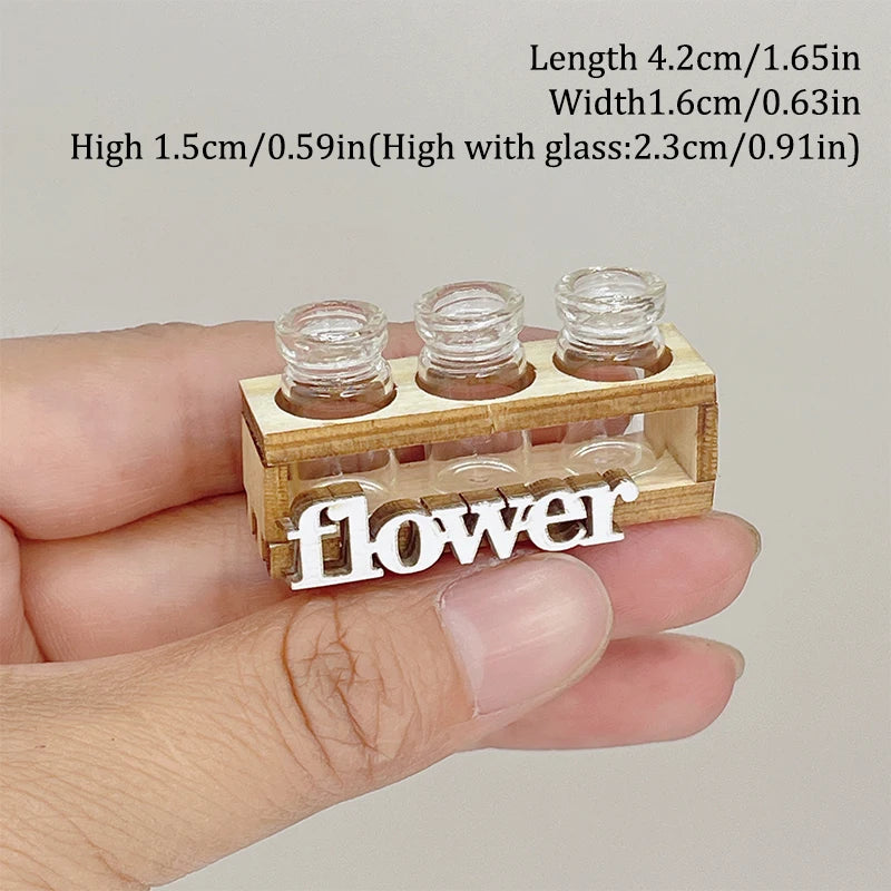 1Set 1:12 Dollhouse Miniature Hydroponic Wooden Flower Arrangement Stand Mini Glass Flower Vase Model Home Garden Decor Toys