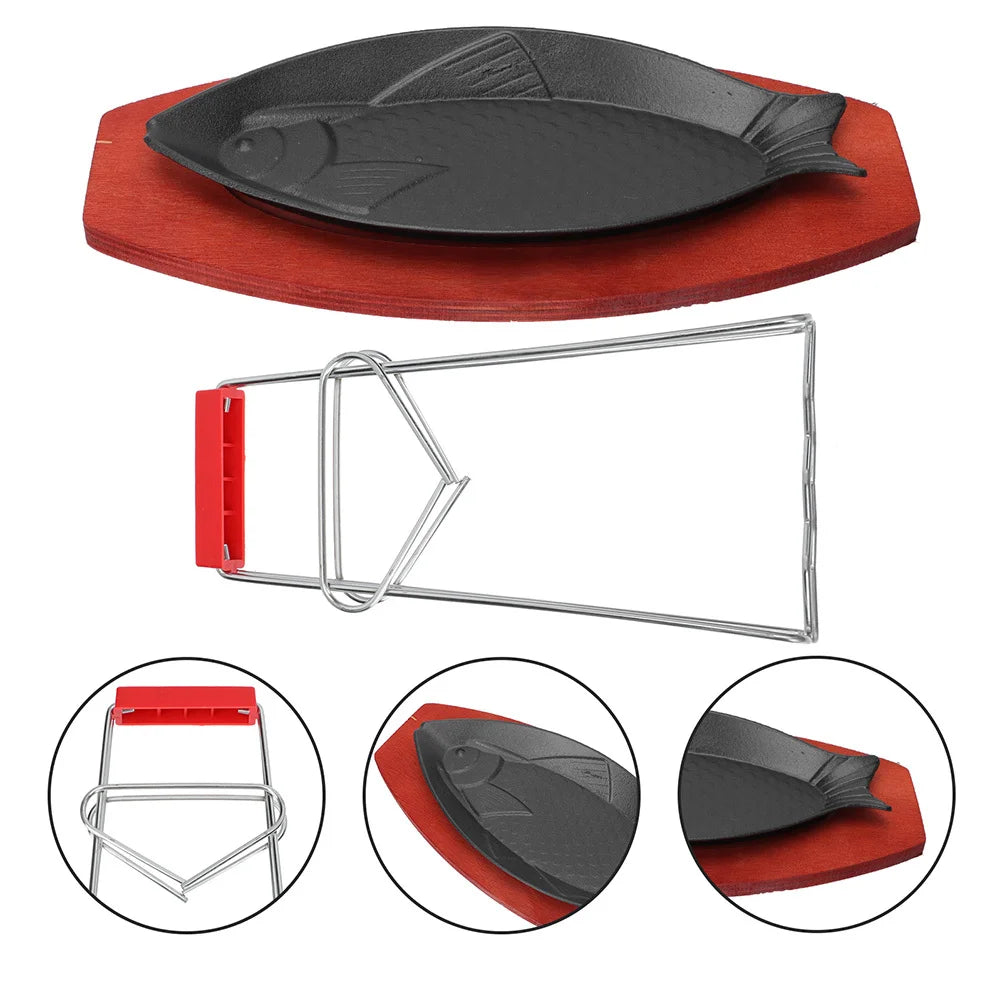 1Set Fish Shaped Grilled Pan High Grade Iron Wood Steak Plate Western Food Serving Tray Hotel Baking Tray Grill Pan Non-Stick