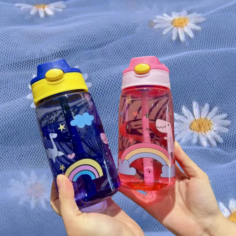 480ML Cute Water Bottle Durable 500ml Portable Water Bottle with Straw and Handle BPA-Free PC Material, Leak-Proof Sealable Lid