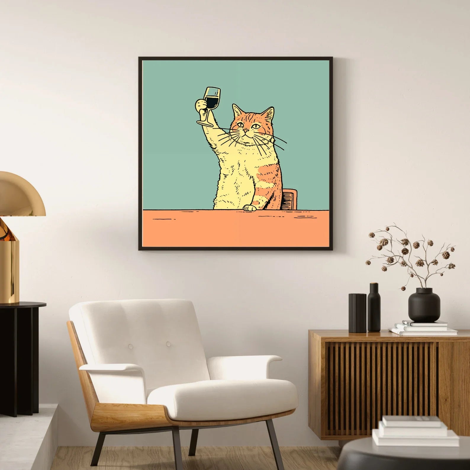 Funny Wine Cat Poster: Quirky Bar Cart Art for Bar Decor Cat Drinking Print Funny Cat Poster Yellow Wall Decor Gift for love