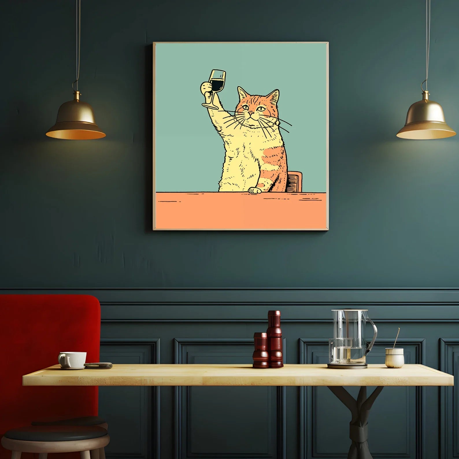 Funny Wine Cat Poster: Quirky Bar Cart Art for Bar Decor Cat Drinking Print Funny Cat Poster Yellow Wall Decor Gift for love