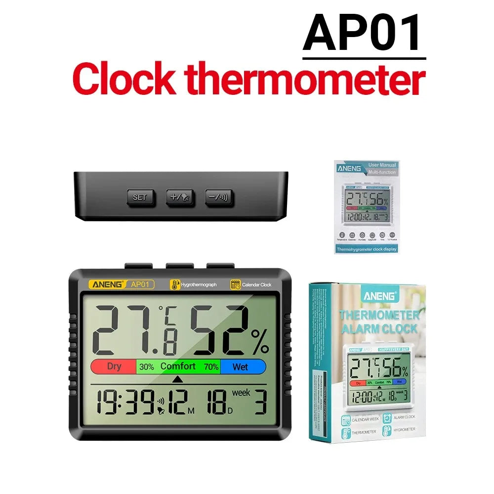 ANENG AP01 Digital Air Thermometer Hygrometer Desktop Alarm Clock Mini Table Thermohygrometer With High Definition Screen