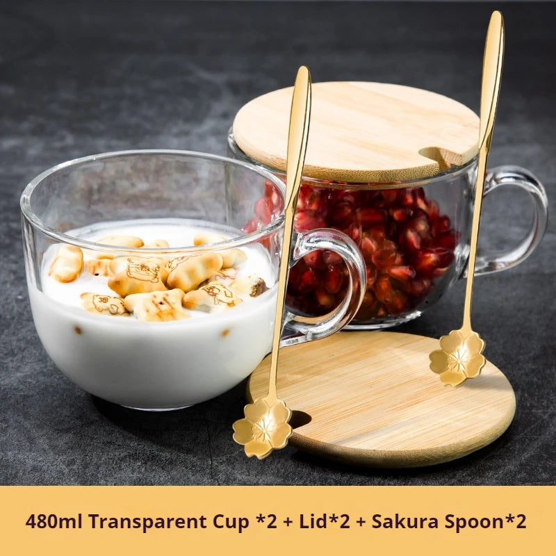 480ml Transparent Creative Glass Coffee Tea Mug Drinks Dessert Breakfast Milk Cup Glass Mugs Handle Drinkware With Cup Lid Spoon