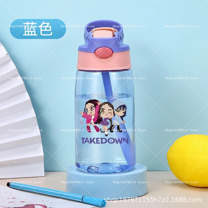 KPop Demon Hunters Drinking Glass Large Capacity Portable Plastic Mug Kids Cartoon Cute Sports Straw Drinking Cup Water Bottle