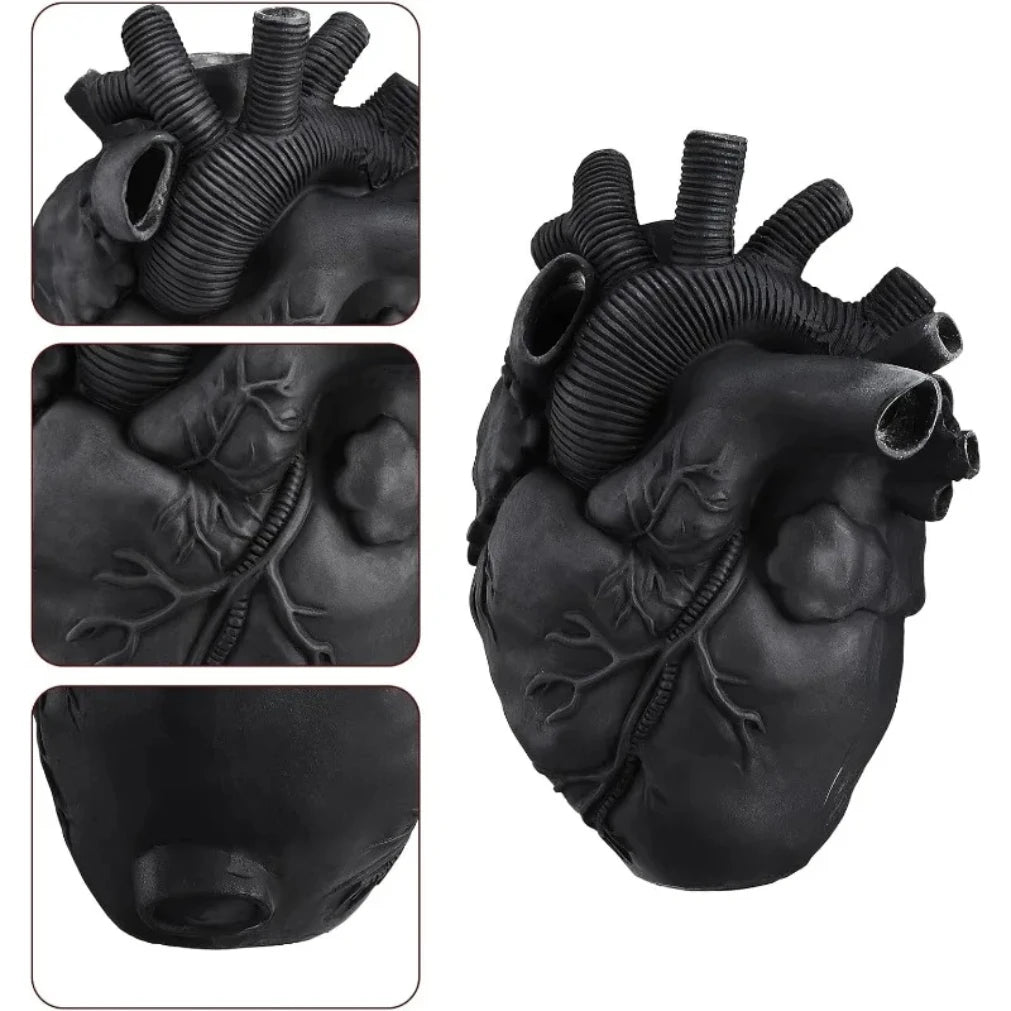 Black Anatomical Heart Vase Halloween Creative Heart Vase Resin Decorative Flower Vessel Modern Art Flower Vessel for Home Decor