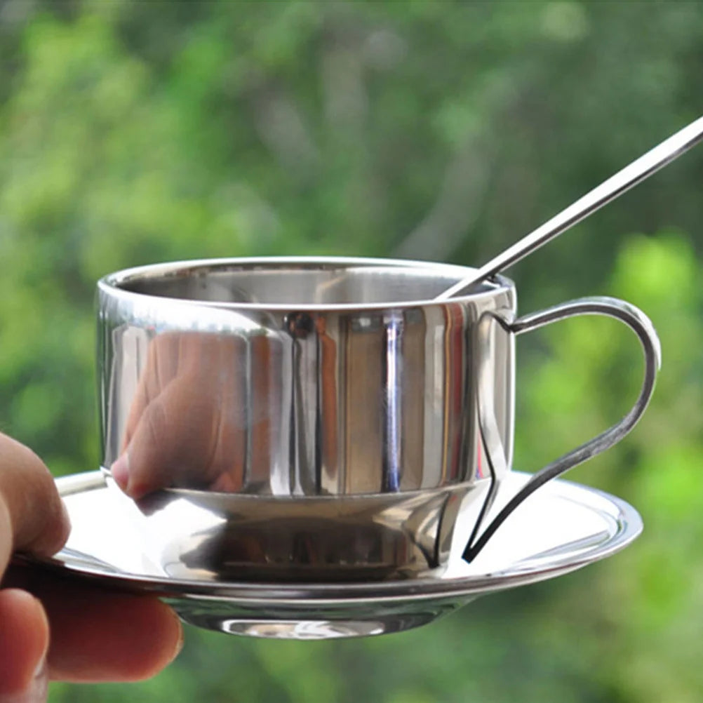3Pcs Stainless Steel Tea Cup Coffee Cup Set Plate Spoon Ergonomic Handle Safe Material Perfect for Daily Coffee Tea