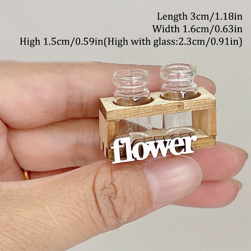 1Set 1:12 Dollhouse Miniature Hydroponic Wooden Flower Arrangement Stand Mini Glass Flower Vase Model Home Garden Decor Toys
