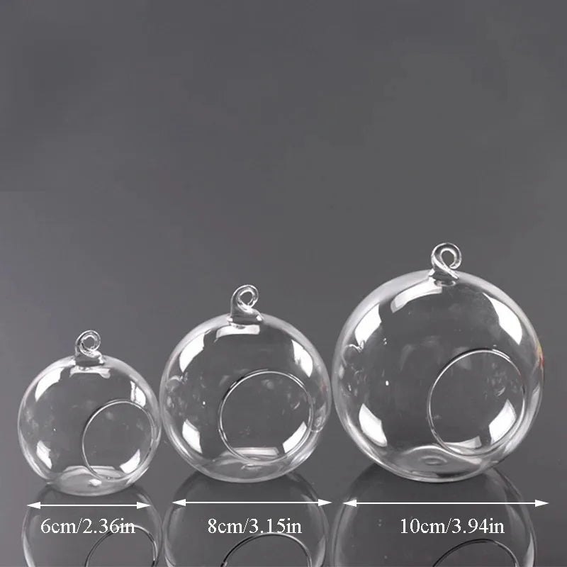6/8/10cm Mini Hanging Glass Candle Holder Hollow Ball Opening Indoor Hanging Ball Plant Vase for Wedding Party Tree Decoration