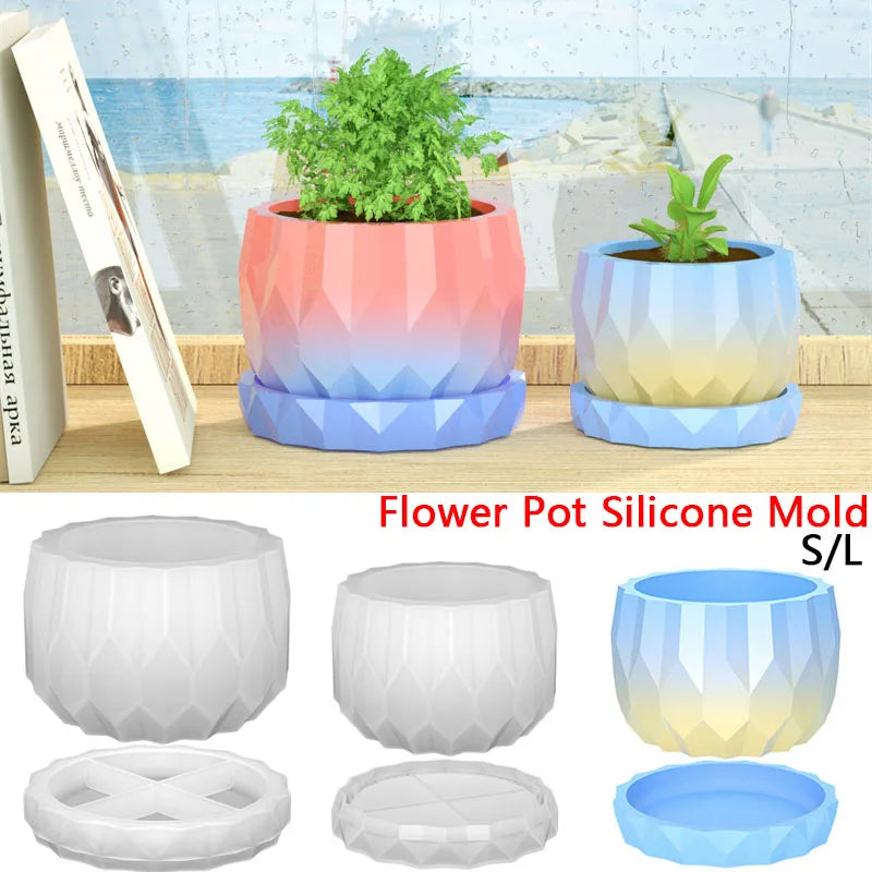 1 Set Silicone Planter Molds For Concrete Flower Pot And Saucer DIY Diamond Shaped Faceted Vase Silicone Molds Garden Decoration