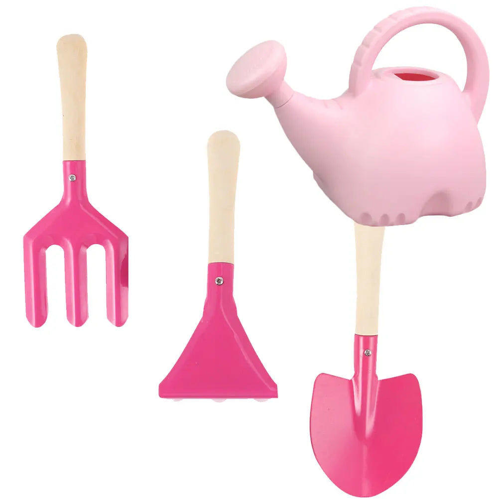 Children Gardening Tools Kids Watering Can Shovel Wooden Handle Safe Cartoon Design Planting Garden Tool Set
