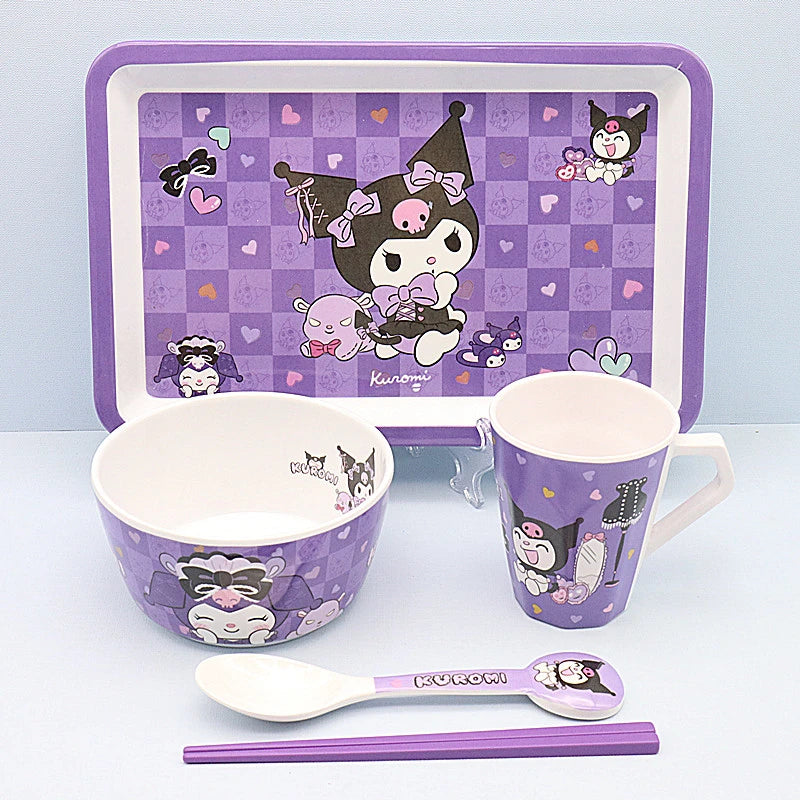 Cute Cartoon Sanrios Kuromi Tableware Bowl Plate Cup Chopsticks Spoon A Set Fashion Imitation Porcelain Tableware Good-Looking