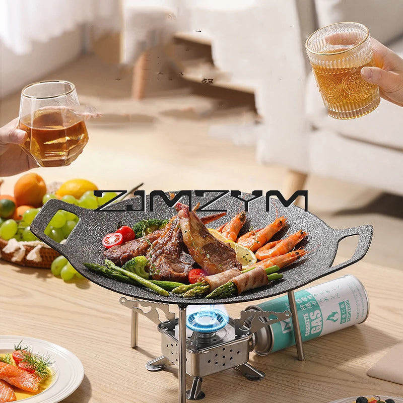 Round Grill Pan Thick Cast Iron Frying Pan Flat Pancake Griddle Non-stick Maifan Stone Cooker Barbecue Tray BBQ Pan