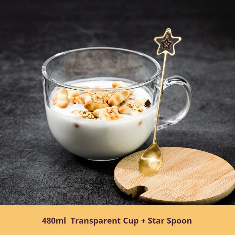480ml Transparent Creative Glass Coffee Tea Mug Drinks Dessert Breakfast Milk Cup Glass Mugs Handle Drinkware With Cup Lid Spoon