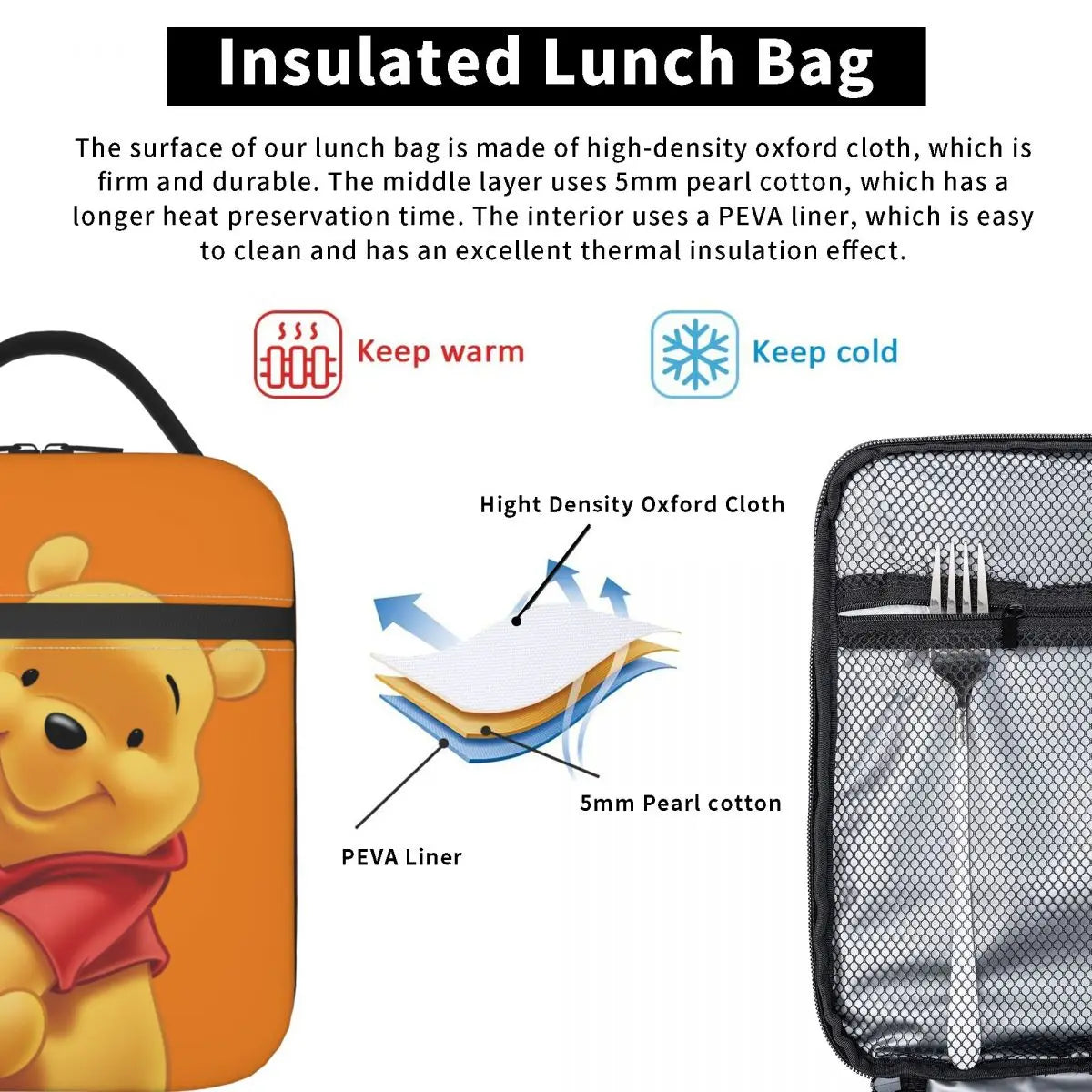 Cute Winnie The Pooh Insulated Lunch Bags Thermal Bag 
Meal Container Large Tote Lunch Box for Men Women Work Picnic