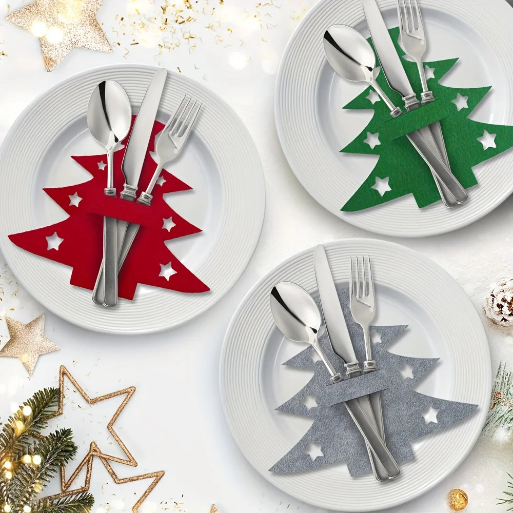 12pcs Christmas Tree Placemats Felt Fork and Spoon Bag Set Suitable for Christmas and Other Holiday Party Table Decoration