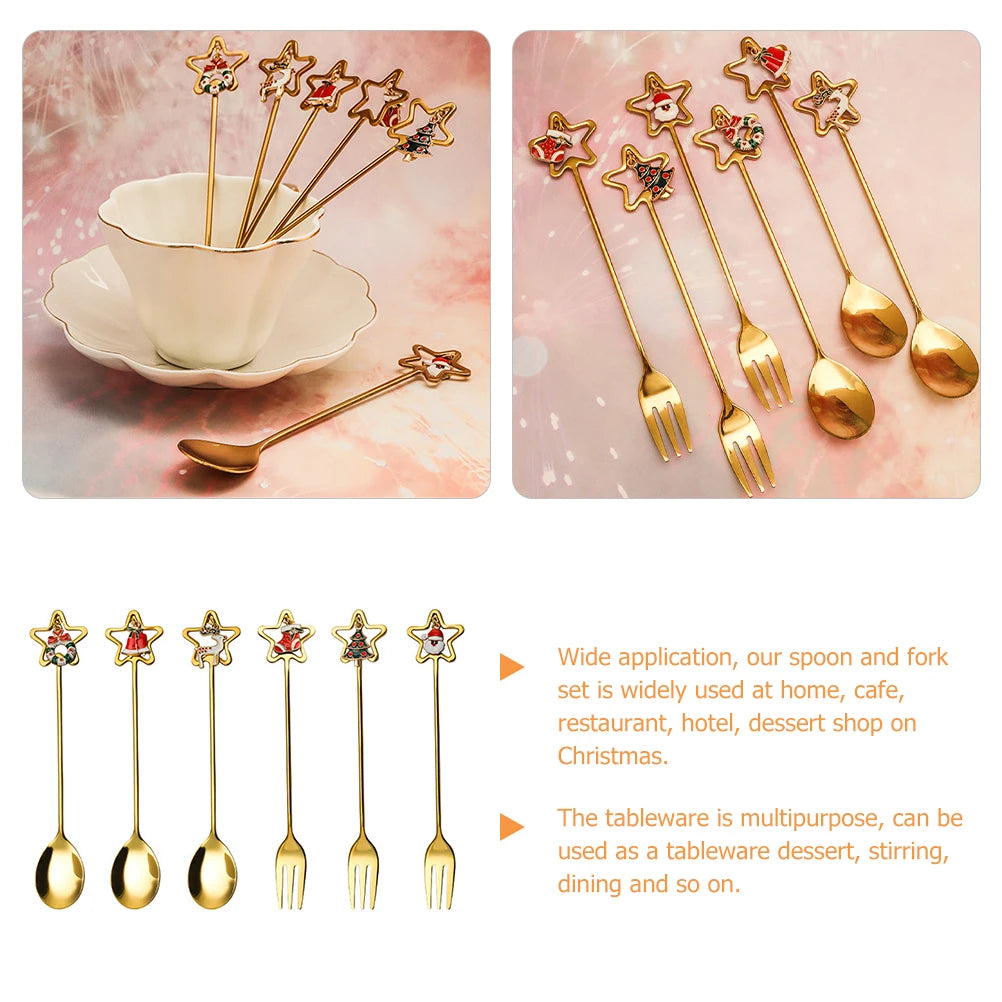 1Set Stainless Steel Christmas Spoon Fork Set Coffee Dessert Cutlery Multipurpose Metal Spoon Fork Christmas Dinnerware