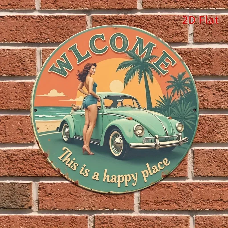 Vintage Metal Wall Art  Retro Beach Scene with Classic Car & Palm Trees, "Welcome" Sign for Home, Bar, Office, Restaurant,Decor