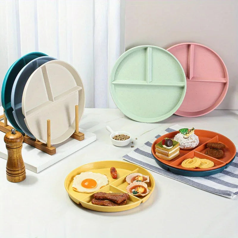 1pc Adult Weight Control Dinner Plate For Restaurant, 8 Colors, 3 Grids Round Plastic Individual Plate, Reusable Healthy Diet An