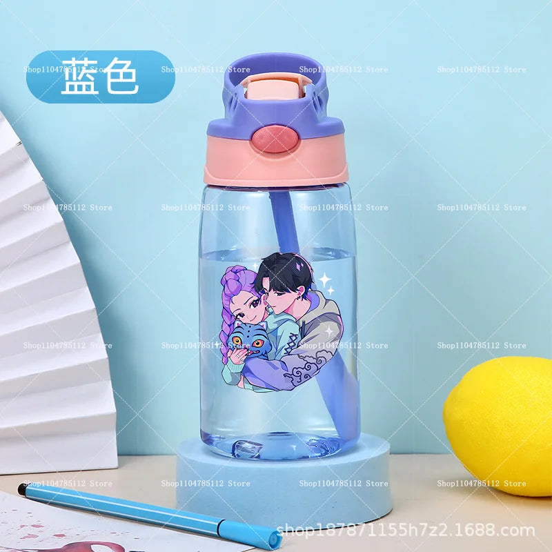 KPop Demon Hunters Drinking Glass Large Capacity Portable Plastic Mug Kids Cartoon Cute Sports Straw Drinking Cup Water Bottle