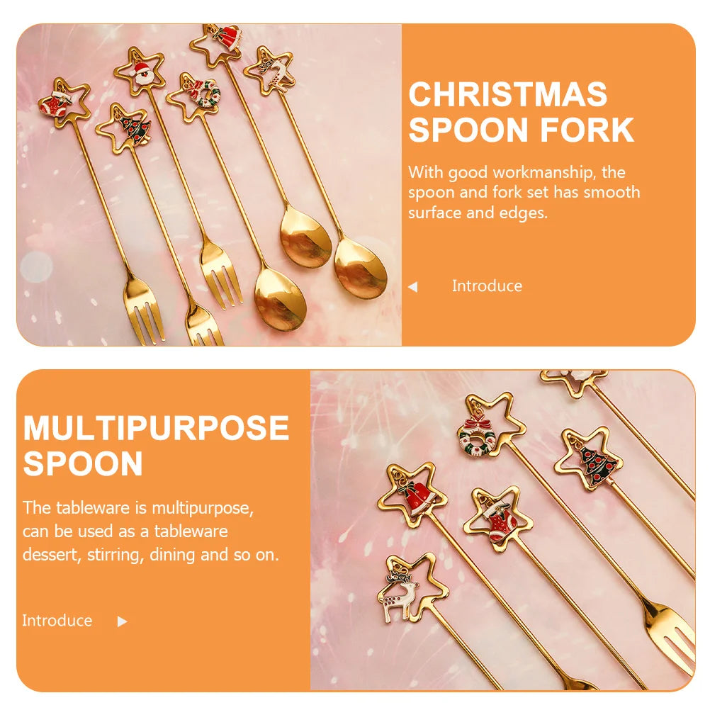 1Set Stainless Steel Christmas Spoon Fork Set Coffee Dessert Cutlery Multipurpose Metal Spoon Fork Christmas Dinnerware