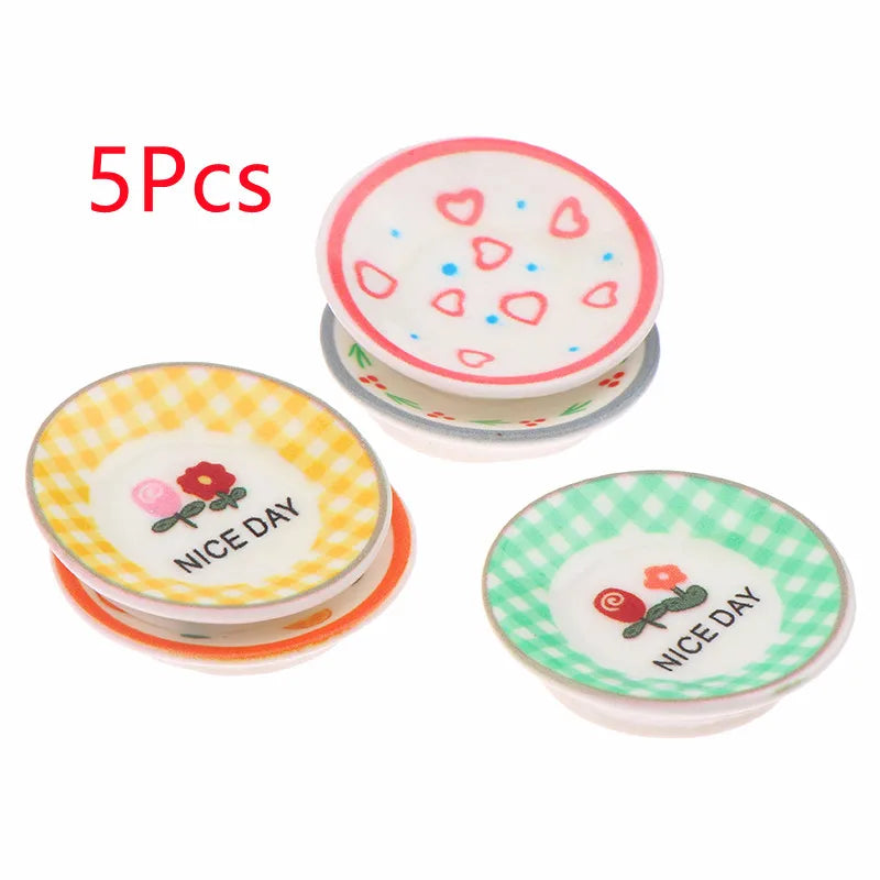 5Pcs 1/12 Dollhouse Mini Plates Dishes Model Dollhouse Simulation Kitchen Decoration Dolls House Accessories Pretend Play Toys