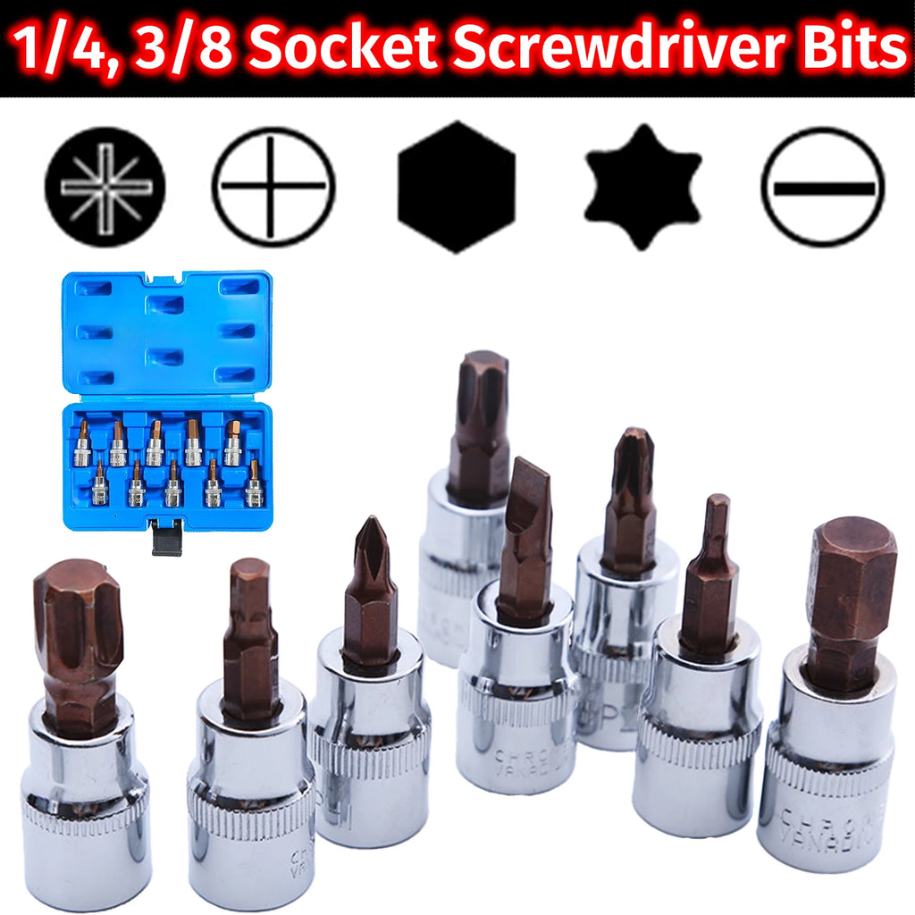 Torx Hex Screwdriver Bits Set 1/4 3/8 Inch Impact Drive Socket T10-T60 H2.5-H14