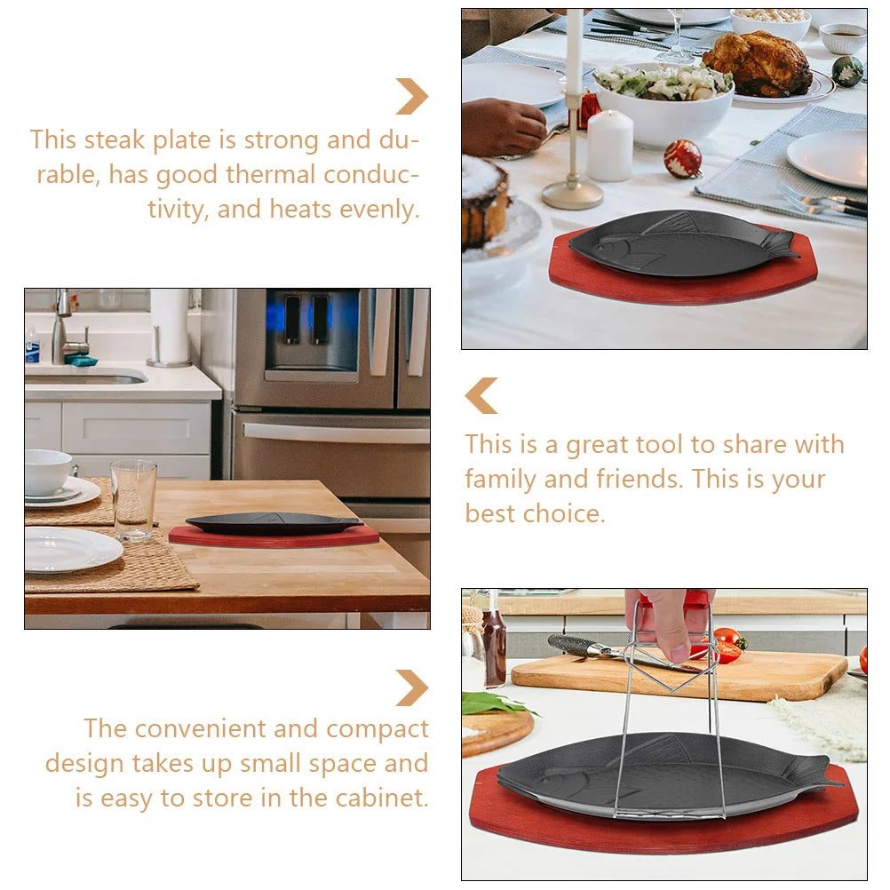 1Set Fish Shaped Grilled Pan High Grade Iron Wood Steak Plate Western Food Serving Tray Hotel Baking Tray Grill Pan Non-Stick