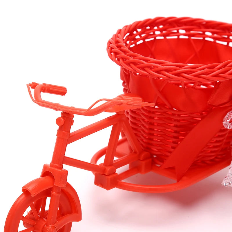 1Pc Rattan Bicycle Flower Basket Vase Storage Three-wheel Cute Flower Pot Ornament