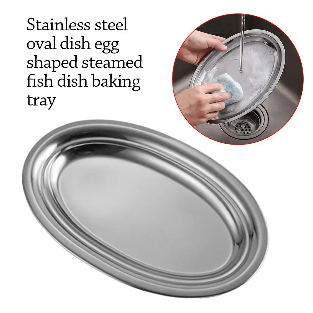 Durable 304 Stainless Steel Food Storage Serving Tray Multi-Size Ellipse Baking tray Large Capacity BBQ pan for Cooking Serving