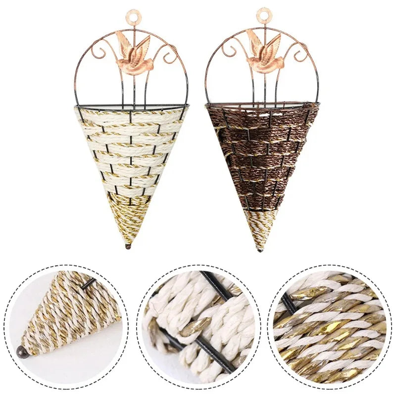 Natural Rattan Wall Planter Hanging Flower Pot Hanger Flower Basket Vase BoxMetal Plant Hang Baskets Home Garden Wall Decoration