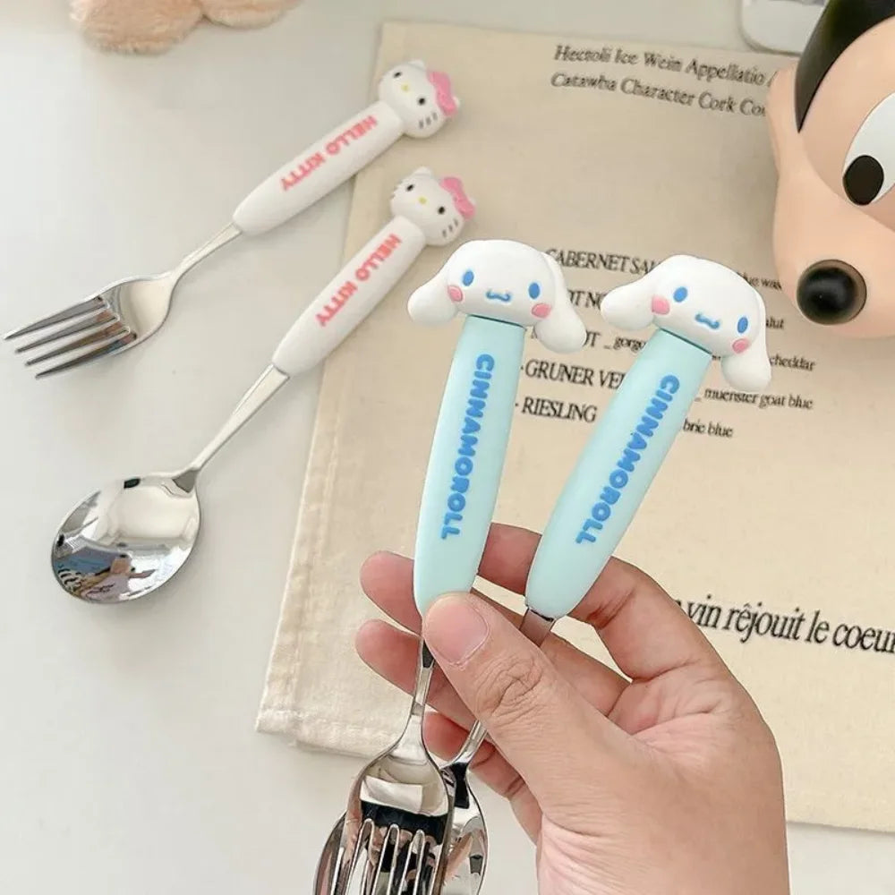 2Pcs/Set Sanrio Tableware Cute Cartoon Melody Cinnamoroll Students Stainless Steel Spoon Forks Two-piece Set Kitchen Supplies