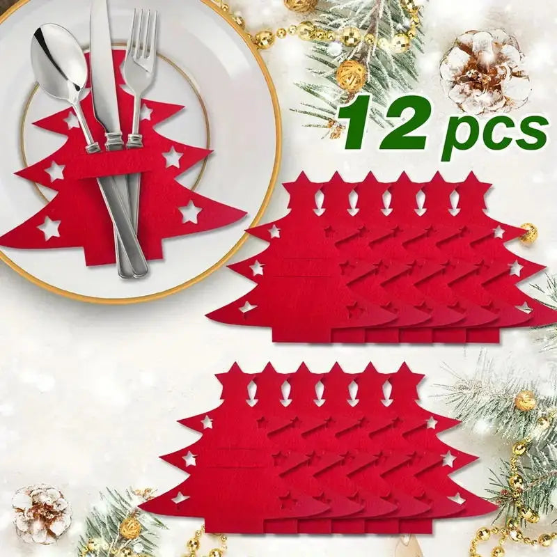 12pcs Christmas Tree Placemats Felt Fork and Spoon Bag Set Suitable for Christmas and Other Holiday Party Table Decoration