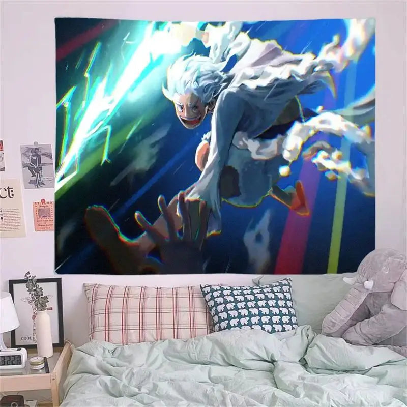 1PC Anime White Hair Blue Attire Dynamic Pose Tapestry, Glowing Lightning Energy Trail Wall Art, Blue Background for Bedroom Liv