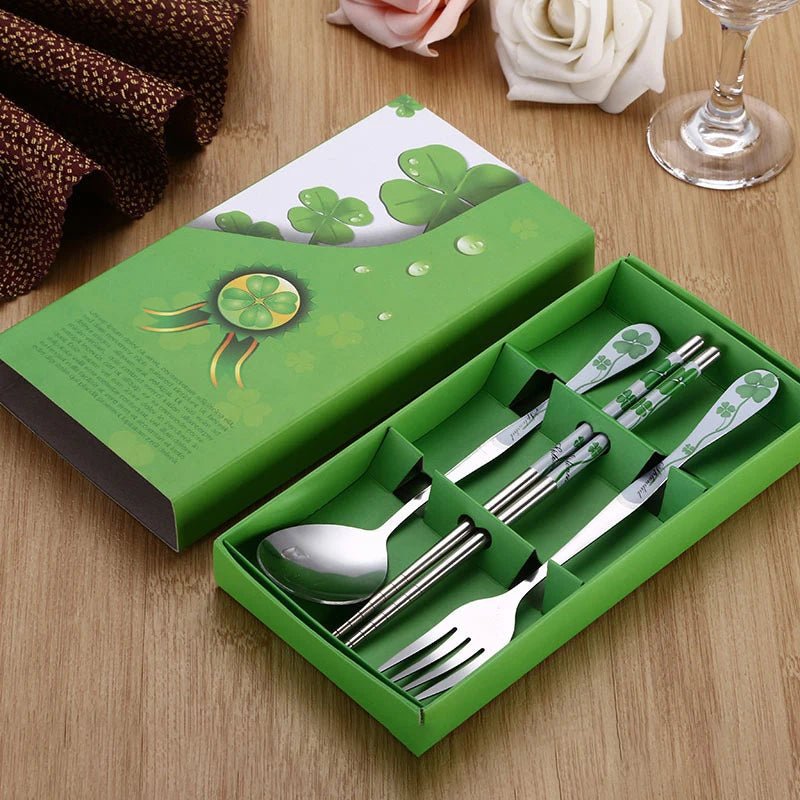 3PC Set of Blue and White Porcelain Tableware Stainless Steel Chopsticks Spoon Fork Gift Box Portable Travel Tableware Set