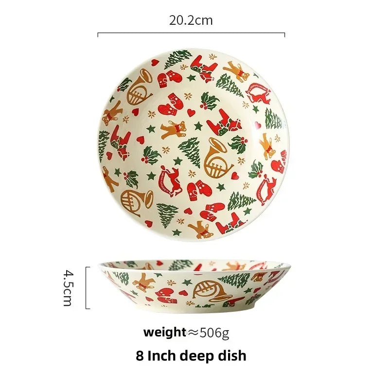 Christmas Ceramic Tableware Retro Bowls Plates Water Cup Breakfast Dessert Noodle Bowls Coffee Milk Cup Microwaveable Xmas Gift