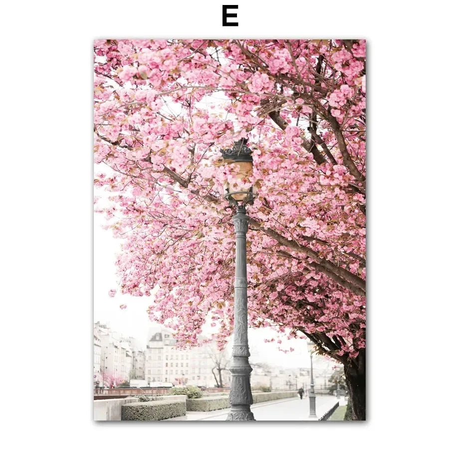 Pink Sakura Spring Paris City Landscape Rose Peony Canvas Paintings Poster Wall Art Pictures for Living Room Bedroom Home Decor