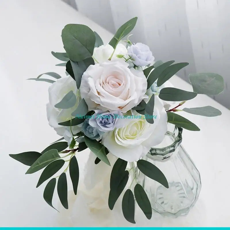 H7BF Artificial Flower Bouquet White Blue Simulation Silk Floral Fake Flowers for Wedding Party Bride Handheld Photography Props
