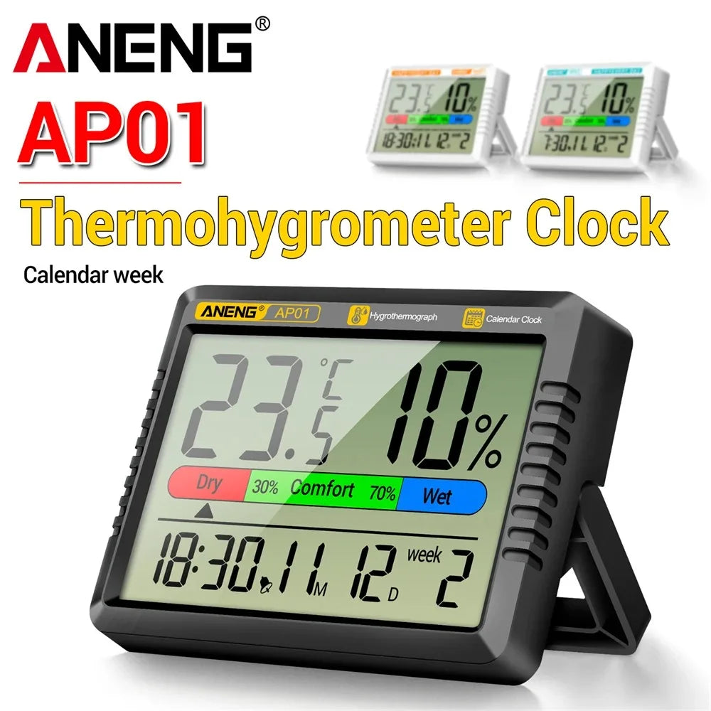 ANENG AP01 Digital Air Thermometer Hygrometer Desktop Alarm Clock Mini Table Thermohygrometer With High Definition Screen