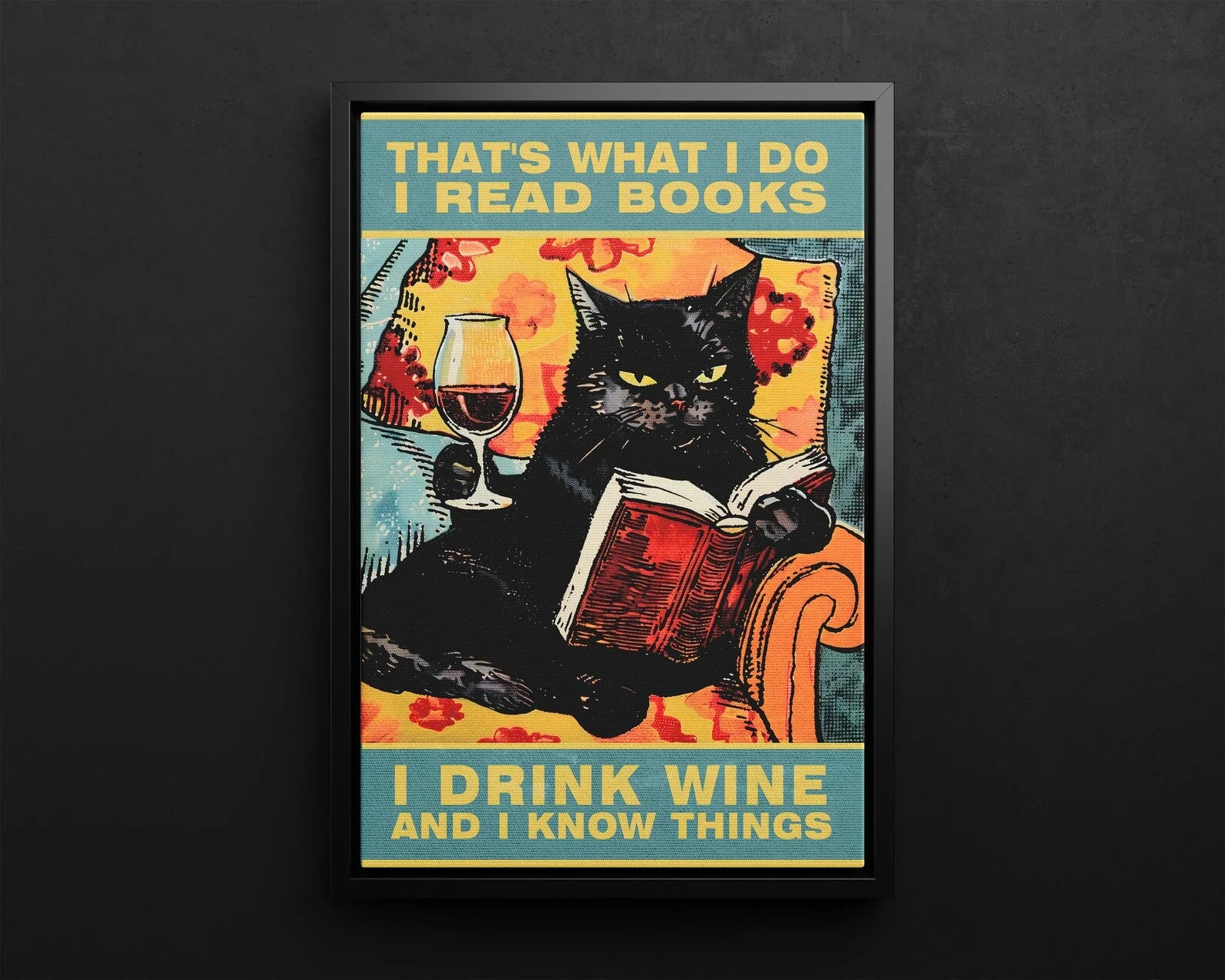 Black Cat Reading Book Drinking Wine Typography Poster or Canvas Print, Cat Wall Art, Quirky Black Cat Book Wine Lover Vintage A