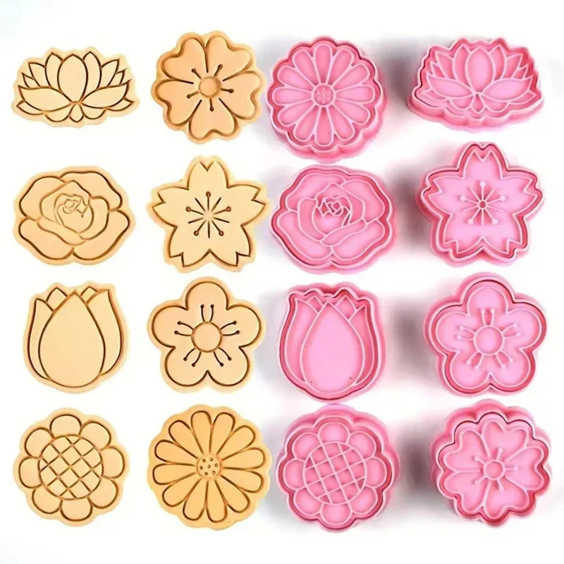 Flower Cookie Cutters Set Cutter Mold Plastic Pink Cookie Cutters For Home Kitchen Sunflower Rose Fondant Biscuit Baking Tool
