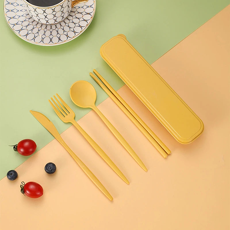 4Pcs/Set Portable Utensils With Box Healthy Eco-Friendly Wheat Straw Cutlery Reusable Chopstick Fork Knife Spoon Tableware Set