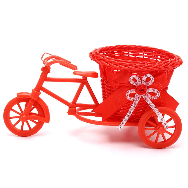 1Pc Rattan Bicycle Flower Basket Vase Storage Three-wheel Cute Flower Pot Ornament