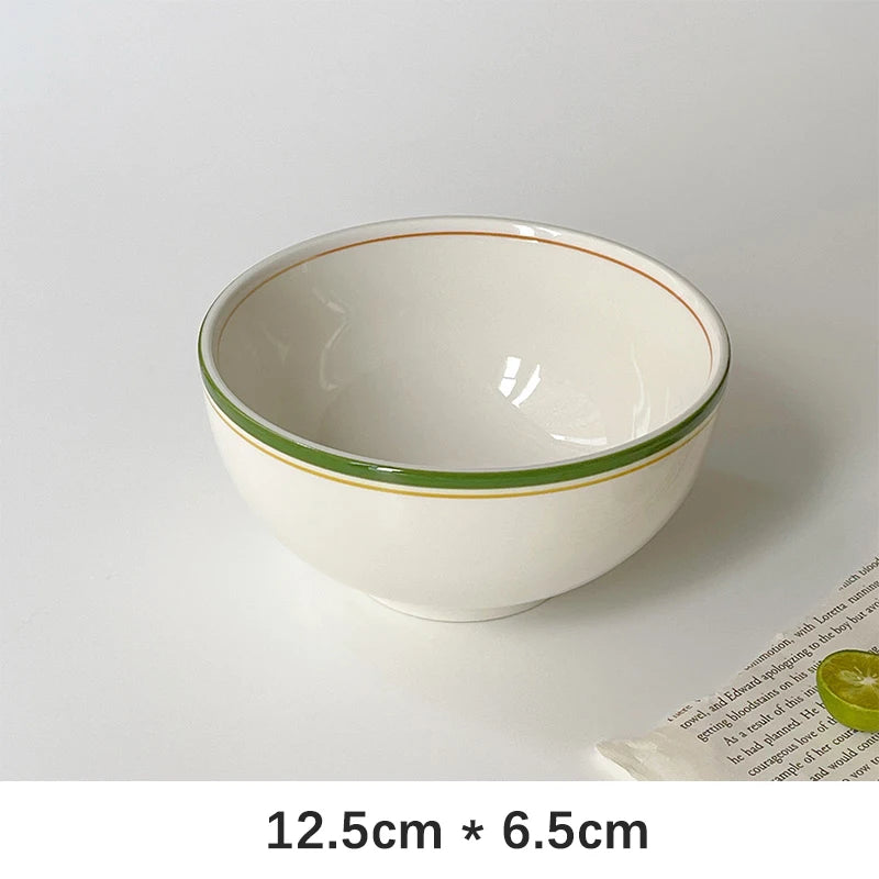 Korean Style Ins Ceramic Bowl Vintage Line Round Porcelain Tableware Breakfast Yogurt Milk Oats Lunch Rice Bowls Personal Items
