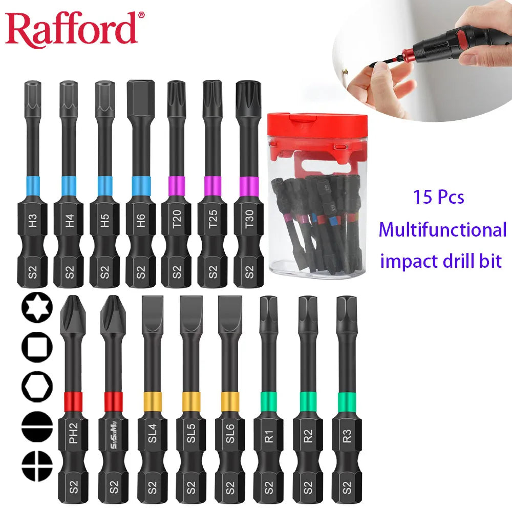 Rafford 15PCS Impact Ready Magnetic Screwdriver Bits Set - 2 Inch Anti-Slip for Impact/Cordless Drill | Torx/Hex/Phillips Head