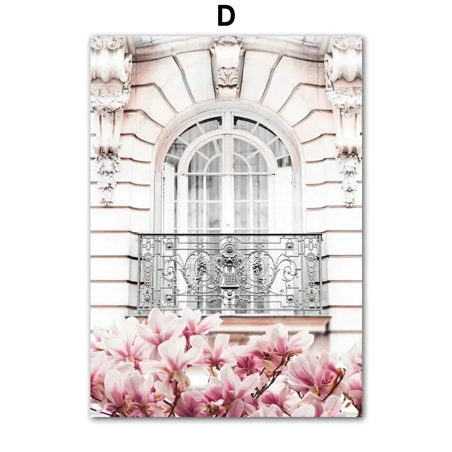 Pink Sakura Spring Paris City Landscape Rose Peony Canvas Paintings Poster Wall Art Pictures for Living Room Bedroom Home Decor