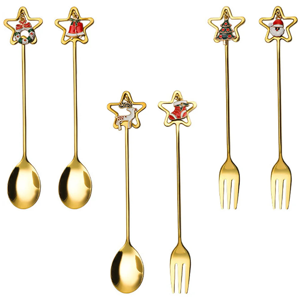 1Set Stainless Steel Christmas Spoon Fork Set Coffee Dessert Cutlery Multipurpose Metal Spoon Fork Christmas Dinnerware